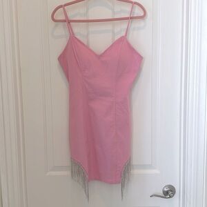 NEW pink cocktail dress, low-cut rhinestone fringe